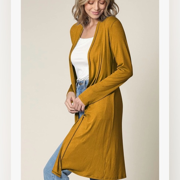 Solid Long Sleeve Open Front Long Cardigan -mustard - Picture 3 of 5